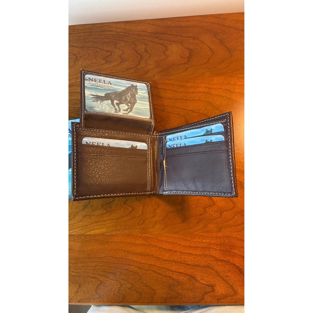Neela Collection Mens Brown Pebbled Bifold Wallet Horse Emblem Western NIB
